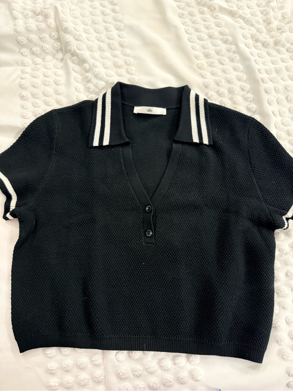 ALO Yoga Black Knit Crop Polo Top with White Stripe Trim - Picture 4 of 4